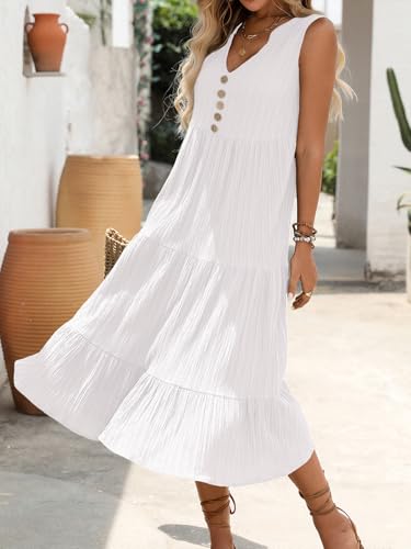 Image of HELYO Women's Casual Summer Dress 2026 Sleeveless V Neck Button Beach Sundress Tiered Ruffle Flows Skirt Midi Dresses