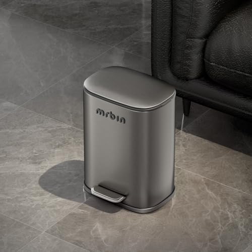 Image of MRBIN Stainless Steel Trash Can, Waste Basket for Small Bathroom Bedroom with Soft Close Lid and Foot Pedal, 6L / 1.6gal Office Garbage Bin Fingerprint-Proof Brushed Eclipse-Grey