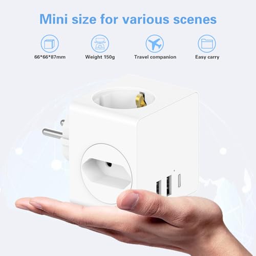 Steckdosenwürfel ohne Kabel, Steckdosenadapter mit USBC für DE/NL/ES/SE/FR, 4000W Cube Mehrfachsteckdose mit 3 USB, 3 Fach Mehrfachstecker für Steckdose mit Überspannungsschutz & Kindersicherung 4