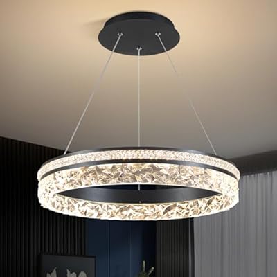 Modern LED Chandelier 1 Ring 19.7in Pendant Lighting for Kitchen Island 50W Dimmable LED Pendant Ceiling Light Black Hanging Light Fixtures with Remote for Kitchen Dining Room Bedroom Living Room