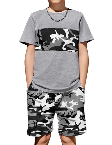 Image of Arshiner Boys' 2-Piece Cotton Outfit Color Block T-Shirt and Shorts Set Summer Camo Clothes for Kids 5-14 Years