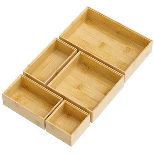 Bamboo Drawer Organizer Set, 5 PCS Multi-use Varied Sizes Junk Drawer Organizer Kitchen Storage Box for Office, Home, Bedroom, Bathroom, Bamboo