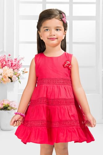 Image of Soft Cotton Lace Work Knee Length Fit & Flare Dress for Kids & Girls, Flower Embellished Frock for Casual & Special Occasion