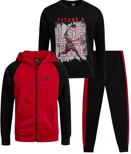 Pro Athlete Boys Tracksuit Set - 3 Piece Long Sleeve Tee Fleece Zip Up Hoodie Sweatshirt and Sweatpants for Boys (Size: 8-16)