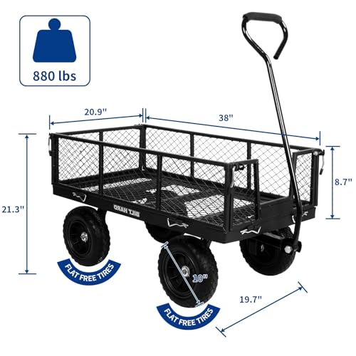 BILT HARD 10" Flat Free Tires Heavy Duty Garden Cart with 180° Rotating Handle and Removable Sides, 4 Cu.Ft 880 lbs Capacity Utility Steel Wagons for Outdoor, Yard