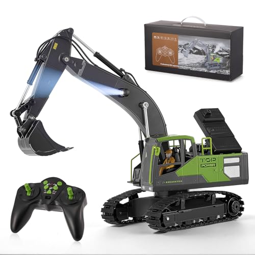 GJCrafts Excavadora de juguete a control remoto, vehículo de construcción RC de 2,4 GHz y 13 canales con rotación de 680°, luz LED y pulverizador, cubo de aleación, regalo para niños mayores de 8 años