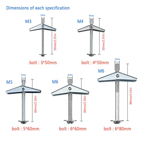 Kippdübel 40 Sätze(120 Stück), Klappdübel Und Spreizdübel(M3/M4/M5/M6),Sortierte Federklappdübel Für Gipskarton, Hohlraumwände, Rigipsdübel, Trockenbau, Faserplatten(50/60/80mm)