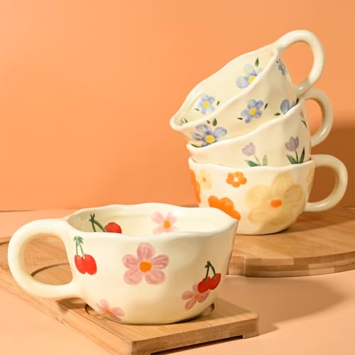 Makcnmym FLOWER MUGS 10 Oz Cute Floral Coffee Mug Irregular Latte Art Cup Lead-Free Porcelain Mug thumb #4