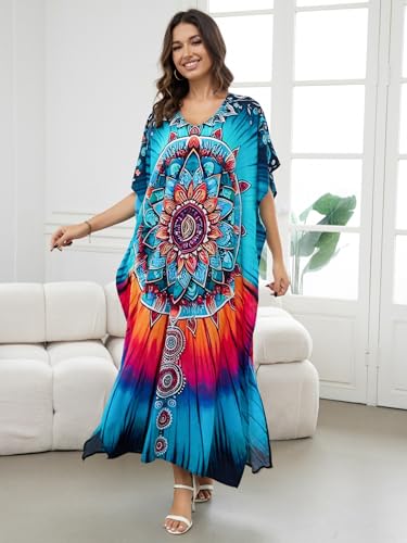 Image of IMAGEKOPE Women's Plus Size Loose Fit Moroccan Print V-Neck Batwing Kaftan Beach Dress Bathing Suit Cover Up