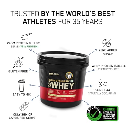 Image of Optimum Nutrition (ON) Gold Standard 100% Whey Protein Powder 4 Kg (Vanilla Ice Cream), for Muscle Support & Recovery, Vegetarian - Primary Source Whey Isolate