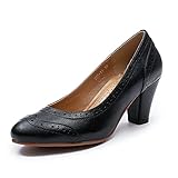 Mona flying Women's Vintage Leather Pump Chunky Heel Round Toe Office Dress Shoes for Ladies Black