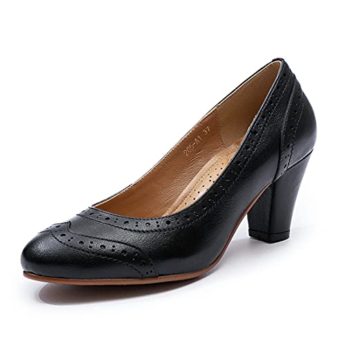 Mona flying Women's Vintage Leather Pump Chunky Heel Round Toe Office Dress Shoes for Ladies