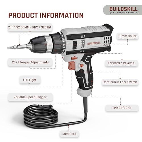 Image of BUILDSKILL 350W Electric Screwdriver |Vairable Speed | 0-1000RPM Copper Motor | Forward-Reverse | LED Light | 10MM Quick Release Chuck | 23NM Max Torque | 20+1 Adjustments | 1.8M Cable | TPR Soft Grip