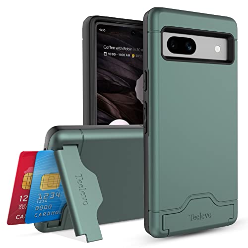 Teelevo Wallet Case for Google Pixel 7a, Dual Layer Case with Card Slot Holder and Kickstand for Google Pixel 7a - Dark Green