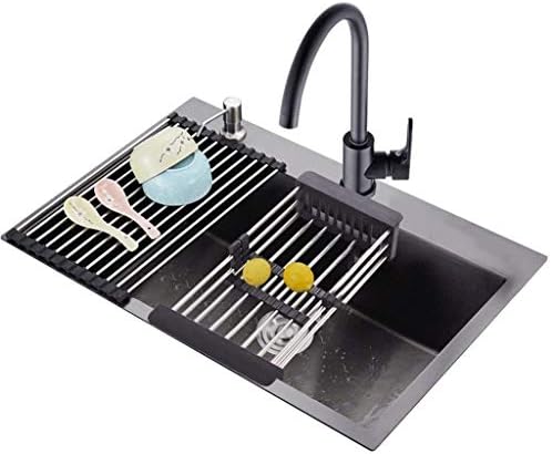 HXQHXQ Kitchen Sinks Stainless Steel Kitchen Sink,Slot Black Restaurant Dishwasher Household Kitchenware Telescopic Drain Storage Basket (Color : Black) (Size : 65 * 45 * 21cm)