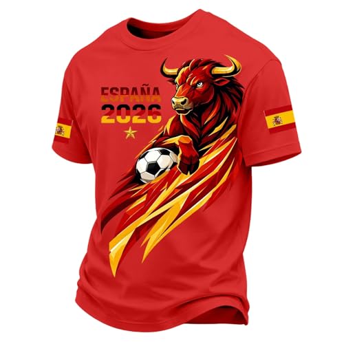 camisa de españa futbol 2026, Camiseta España 2026 Camisetas Deporte Hombre Manga Corta Estilo Torero Camisa Futbol Retro Fan T Shirt Ligero de Cuello Redondo para Un Look Casual CláSico, rojo, XXL