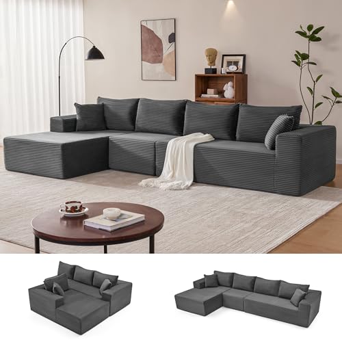 Image of Mangodan 140 inch Cloud Sectional Couch, Modular Sectional Sofa with Deep Seat, Boneless Sofa for Living Room, Fluffy Comfy L-Shaped Couch with Left Facing Chaise, No Assembly Required, Grey