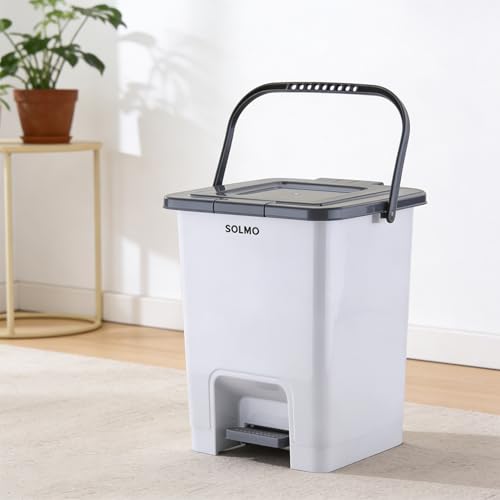 Image of Amazon Brand - Solimo Square Pedal Dustbin (14L) | Hands-Free Trash Bin with Lid | Durable Plastic | Odor Control | Compact Design | For Kitchen, Bathroom & Office | 30L x 29.4B x 34.08H cm | Light Grey