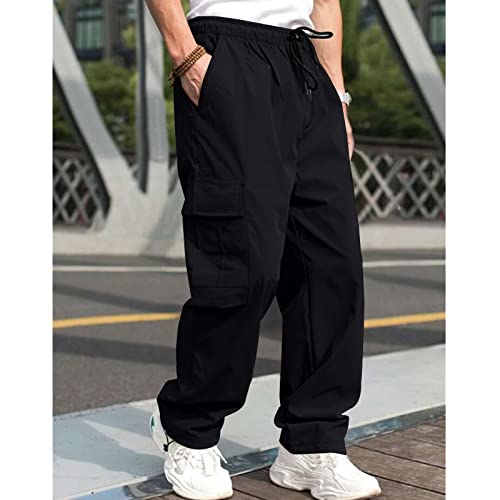 Lexiart Men's Hiking Cargo Pants Drawstring Joggers Sweatpants Work Sports Loose Fit Hiking Trousers With Pockets Black #TOP1