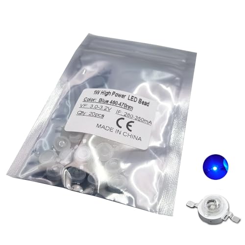 Vrabocry 20 pcs High Power Led Chip 1W Blue 460nm-465nm 300mA - 350mA / DC 3V - 3.4V / 1 Watt SMD COB Light Emitter Components Diode Bulb Lamp DIY Lighting