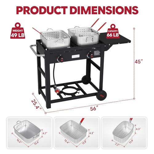 Image of Feasto Outdoor Propane Deep Fryer with Movable Cart, 36 QT 2-Burner Stove | 100,000 BTU Total, 2 x 18QT Aluminum Pots, 1 x 18QT Basket & 2 x 9QT Frying Baskets, Portable Fryer for Fish, Fries & Chicken