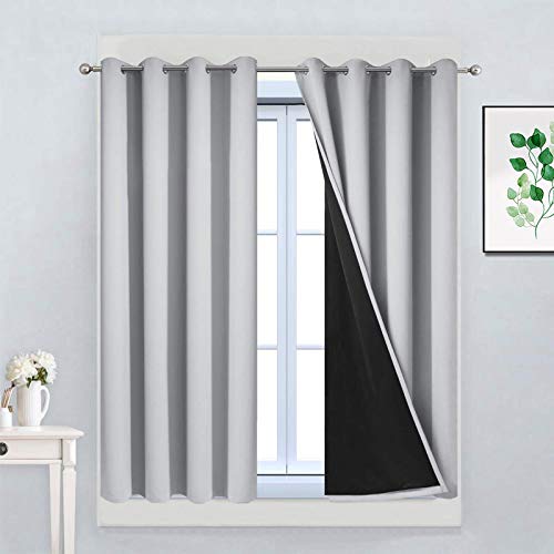 Image of Yakamok Light Grey 100% Blackout Curtains 45 Inches Long 52 inch Wide 2 Panel | Blackout Curtain Panels for Bedroom, 2 Thick Layers Grommet Top Thermal Insulated Drapes with Black Liner for Living Room