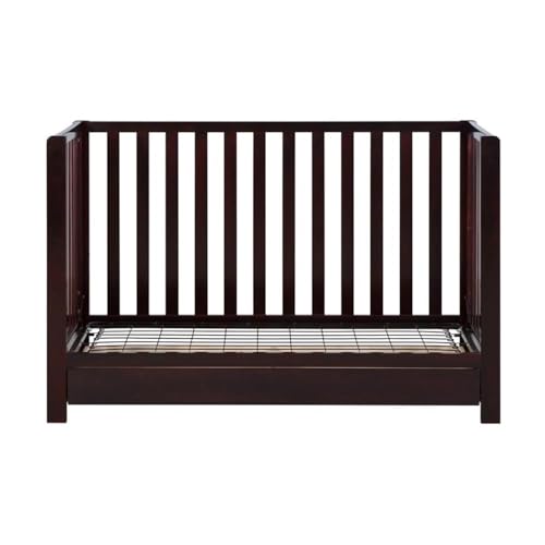 Image of Pemberly Row 4-in-1 Convertible Crib with Drawer, New Zealand Pine Wood, Espresso Finish, 3-Position Adjustable Mattress Support, Modern Nursery Furniture, Converts to Toddler Bed, Daybed, Full-Size