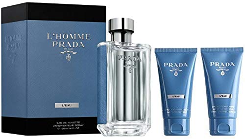 Prada L Homme L eau Men 3 Pieces Travel Set (3.4 Eau De Toilette Spray 2.5 Facial Cleanser 2.5 Shower Cream), multi color