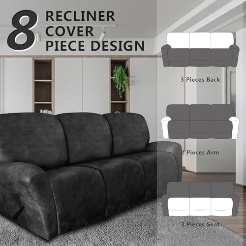Image of molasofa Recliner Sofa Covers - 8 Pieces Stretch Leather Like Large Couch Covers for 3 Seats Reclining Slipcovers Soft Jacquard Pattern Furniture Protector (Charcoal Grey)