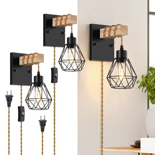 Image of Lomoky Farmhouse Wood Wall Sconces with Plug in Cord, Black Wall Sconces Set of Two, Wall Lamps that Plug into Wall Outlet, Vintage Sconce Lighting Wall Decor for Bedroom Living Room, with 5.58FT Cord
