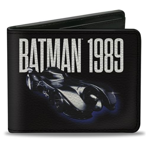 Buckle-Down DC Comics Wallet, Bifold, Batman 1989 Batmobile Text Black White Blue, Vegan Leather