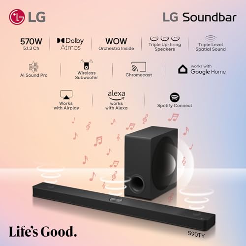 Image of LG S90TY - Smart Sound Bar, 570W, 5.1.3 Channels, Dolby Atmos and DTS Surround Soundbar, Wide Connectivity, Bluetooth, USB, Optical Input, Black