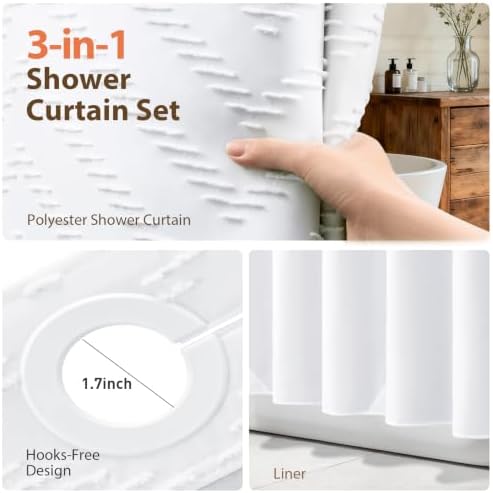Dynamene White Hook Free Chevron Boho Shower Curtain & Snap-in Liner,72x81 — view 4