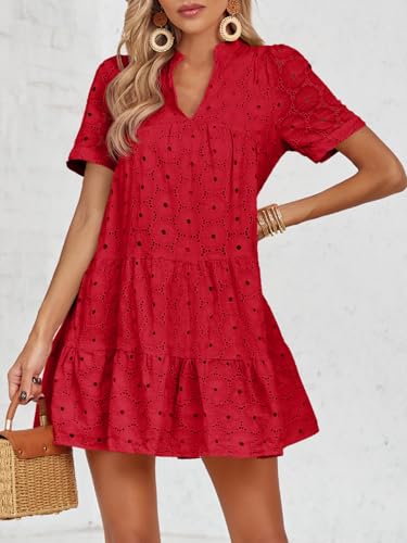 Image of Imily Bela Womens Summer Lace Dresses Eyelet Casual Flowy Babydoll Swing Short Sleeve V Neck Tunic Dress