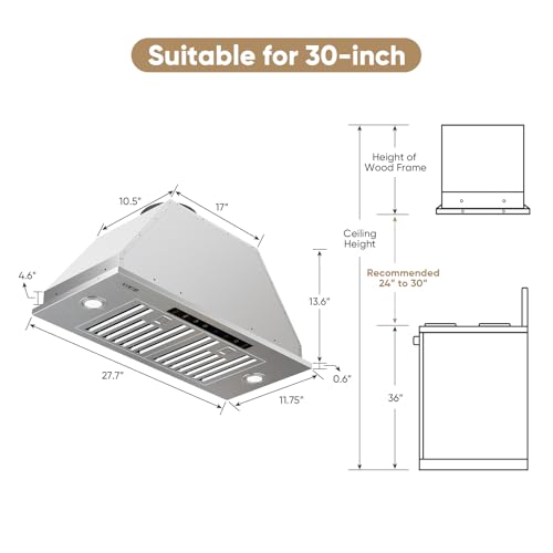 Image of VIKIO HOME 30 Inch Built-in /Insert Range Hood, 980 CFM Range Hood Insert, Ducted /Ductless Convertible Ultra-Quiet, Vent Hood Insert with Gesture & Touch, Baffle Filters and Charcoal Filters