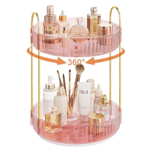 Rotating Makeup Organizer Countertop Skincare Organizers Spinning Perfume Tray Stand Makeup Storage Organizer for Vanity Bathroom Organizer and Storage Lazy Susan 2 Tier Pink