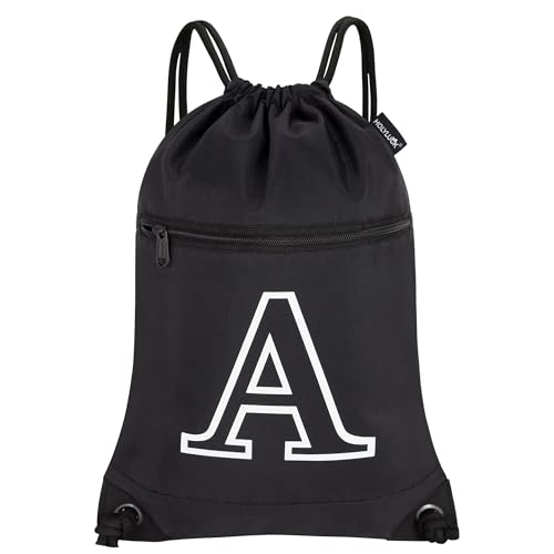HOLYLUCK Drawstring Bags Initial Backpack Sackpack Cinch Bags for Sports, Gym, Travel, Beach, Letter (Black-A)