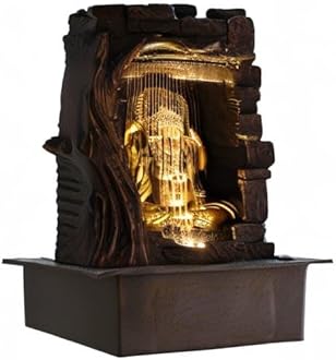 FIRSTLY Polyresin Golden Brown Ganesha Idol Table Top Indoor Front Curtain Waterfall Fountain for Home Decor with Yellow LED Lights & Speed Controller Pump (Size: 40 x 29.5 x 22CM | Wt: 2265grm)