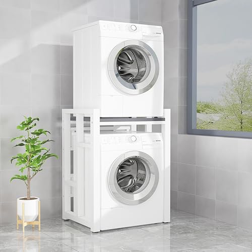 Over Washer Dryer Stacking Rack, Adjustable Space-Saving Storage Shelf for Laundry Room, nize Apartments & Bedrooms, Sturdy Design (Black & White)