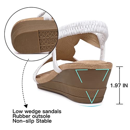 Shibever Womens Wedge Sandals Elastic Ankle Strap Slip On Sandals Rhinestone Summer Platform Low Heeled Shoes White 8.5 #TOP5