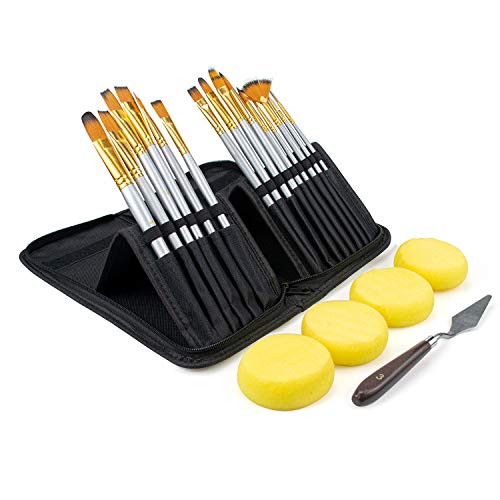 Hedume Set of 15 Paint Brush, 15 Different Sizes Paint Brushes with Pop-up Carrying Case, Palette Knife and Sponge for Acrylic, Oil, Watercolor, Gouache Painting for Artists, Adults & Kids