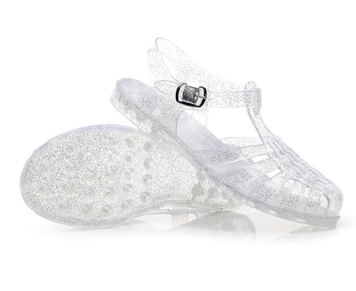 Toddler Jelly Sandals for Girls Unisex Boys Jellies Shoes T-Strap Soft Clear Flats Silver Slippers Size 11 Little Kid Retro Slides Summer Beach Glitter Slingback4