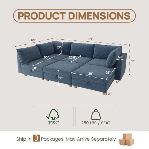 Image of 99 inch Modular Sectional Sleeper Sofa Bed with Storage & Washable Covers, 6-Seater Chenille Modular Sofa Bed with Movable Ottoman Chaise, Convertible Sleeper Sectional Couches for Living Room, Blue