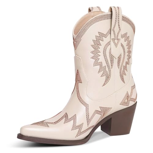 Image of HOCHFART Western Boots for Women Metallic Embroidered Pointed Toe Cowgirl Boots Chunky Heel Pull-On Short Cowboy Boots Wide Calf Country Ankle Boots