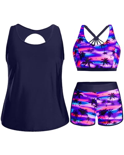 Image of Holipick Women Plus Size Swimsuits - Athletic 3 Piece Tankini with Shorts | Sports bikini top, high waist shorts, tank top, removable pads. Athletic style for water activties