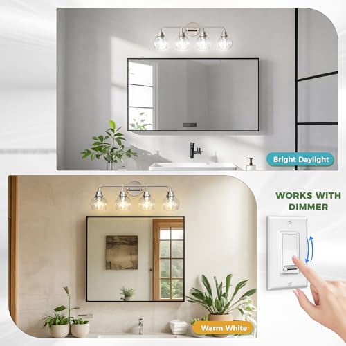 Image of DORESshop Bathroom Light Fixtures, 4-Light Nickel Vanity Lights Over Mirror, Wall Lamp Clear Glass for Living Room Decor Bedroom Porch Cabinet