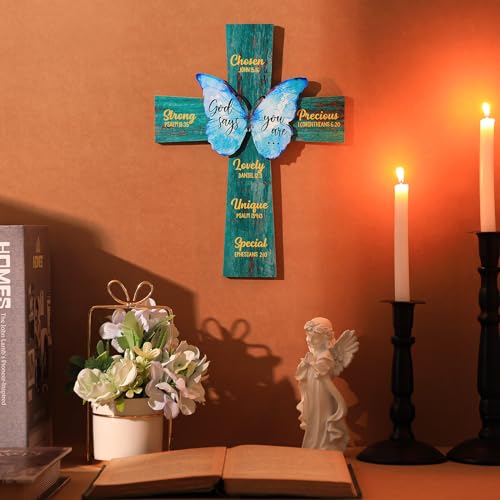 Panelee 11.81 Inch Cross Christian Wood Sign Inspirational Wood Wall Decor Bible Verse Wall Sign Bible Theme Scripture Hanging for Room Office Kitchen