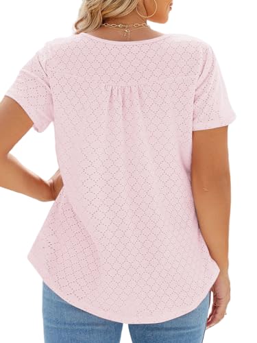 Image of VISLILY Womens-Plus-Size-Summer-Tops Buttons Up Henley Shirts Flowy Pleated Tunics Trendy Eyelet Short Sleeve Blouses
