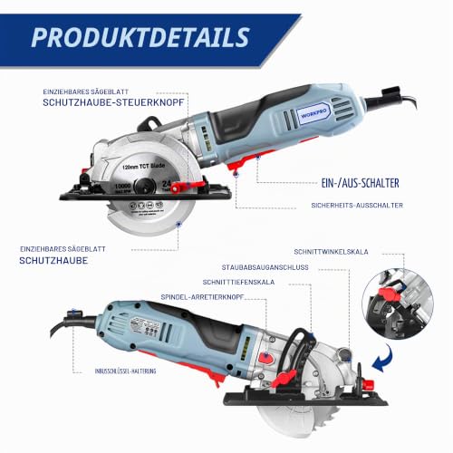 WORKPRO Mini Kreissäge 750W 4700RPM, Handkreissäge Schnitttiefe 45 mm (90 °), 28 mm (45 °), mit...