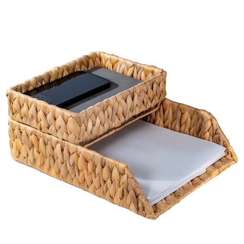 PINXIURY Woven Water Hyacinth Paper Organizer for Desk – Set of 2 Letter Trays – Tabletop Folder & Document Storage Trays – Desktop File Organizer for Home & Office
